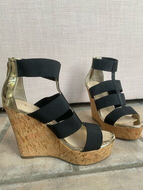 Boston Proper “Claude” Cork Platform Wedge Heels – Black & Gold – Size 7